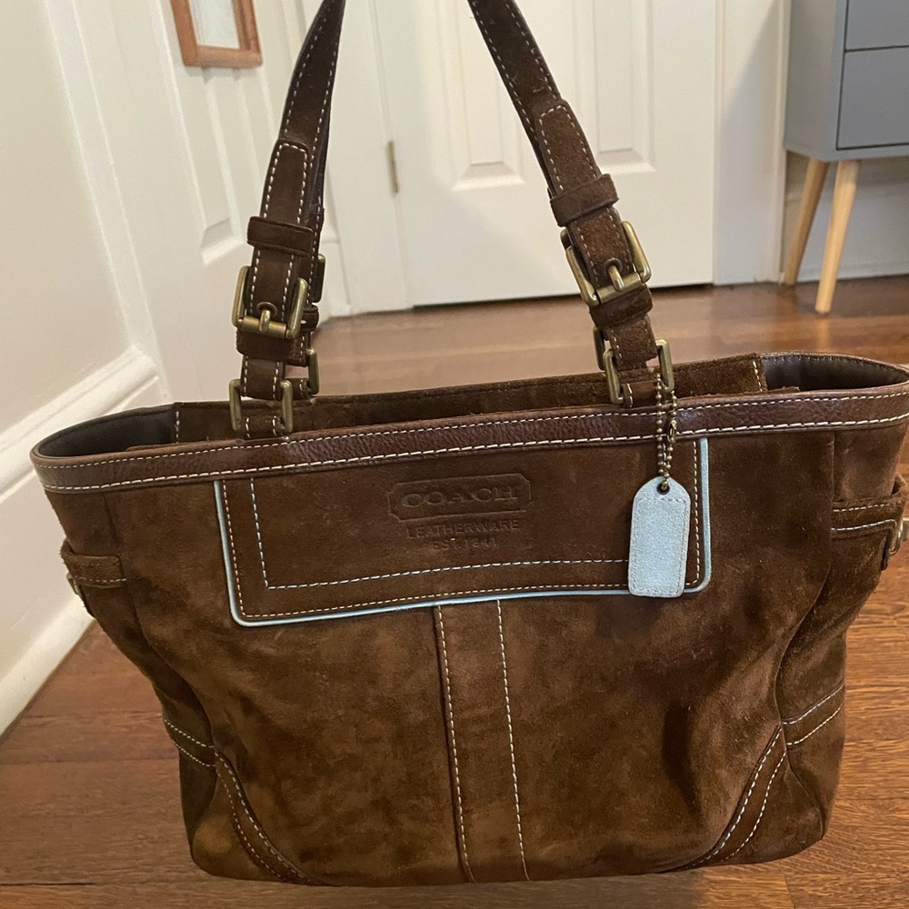 Coach Brown Suede purse with baby blue lining